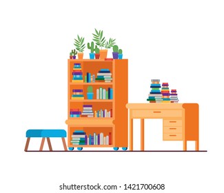 living room with desk and books