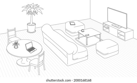 Living room and dining area sketch style vector illustration.