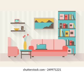 Living room and dining room with furniture and long shadows. Flat style vector illustration.