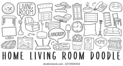Living Room Doodle Icons. Hand Made Line Art. Home and House Clipart Logotype Symbol Design.
