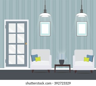 living room with doors and armchairs