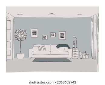 Living room drawing sketch monochrome black and white home interior graphic vector illustration. Isolated on white background.