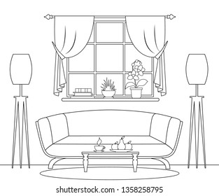 Living room drawn in thin lines. Vector interior with a sofa by the window in the outline style.