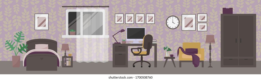 Interior ecléctico en el salón: espacio de trabajo con ordenador de sobremesa, zona de salón con sillón y espacio para dormir con cama acogedora. Ilustración vectorial de estilo plano.