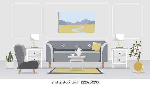 Living room elegant interior in grey and yellow. Sofa with table, nightstand, paintings, lamps, vase, flower in pot, carpet, porcelain set, soft chairs against a white wall. Flat cartoon illustration