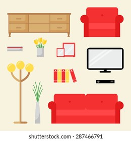 Living room elements isolated set. Modern furniture: couch, armchair, tv table, tv set, floor lamp and decoration. Flat style vector illustration. 