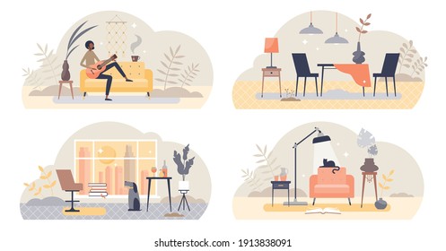 Living room elements and objects with interior view tiny persons concept. Cozy home items with furniture, plants and pets vector illustration. Object collection with indoor apartment inside look.