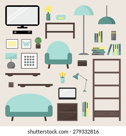 Living room. Living room elements set. Living room interior design isolated icons. Apartment elements. Big living room icons set. Modern furniture. Couch, bookcase. Flat style vector illustration. 