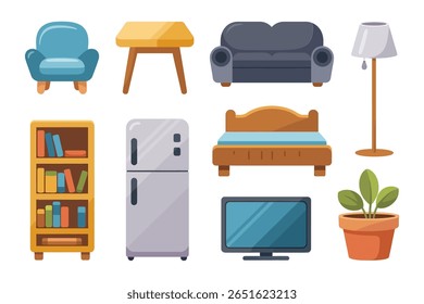 Colección de iconos esenciales de la sala de estar, sofá, mesa, nevera, TV, lámpara, planta, estantería, Vector moderno, muebles para el hogar