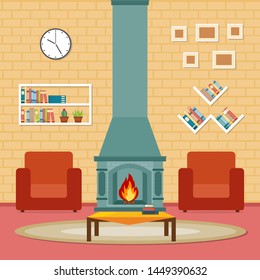 Living Room Family House Interior Furniture with Fireplace Vector Illustration