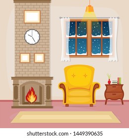 Living Room Family House Interior Furniture with Fireplace Vector Illustration