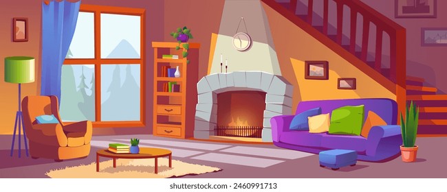 Living room with fireplace background banner in cartoon design. Classic home interior with sofa and armchair, warm fire, bookcase, wooden ladder and window, houseplants. Vector cartoon illustration