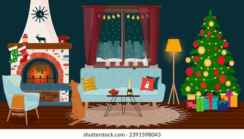 Living room with fireplace, Christmas tree, gifts and a table with champagne. Festive interior. Vector illustration.