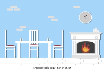 Living Room with a fireplace and Dining table. Flat style vector illustration.