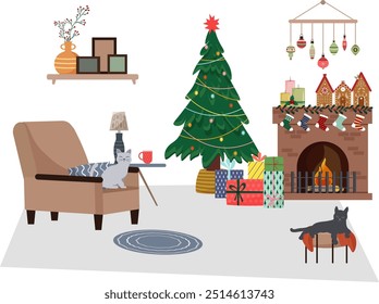 Living room with fireplace. Festive interior of the living room with furniture. Armchair and coffee table. Christmas and New Year. Christmas tree and gifts. Vector illustration