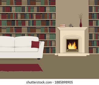 Living Room With Fireplace. Home Library Interior. There Is A White Sofa Against The Backdrop Of Bookshelves. Old Books On The Shelves. The Room Also Has Home Decor Items. Vector Flat Illustration.