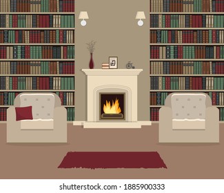 Living Room With Fireplace. Home Library Interior. There Are Two Armchairs Against The Backdrop Of Bookshelves. Old Books On The Shelves. The Room Also Has Home Decor Items. Vector Flat Illustration.
