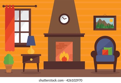 Living room with fireplace interior design background. Traditional room with chair,lamp,table,curtain,plant,window,photo frame, cushions vectors. Flat design illustration of a house.