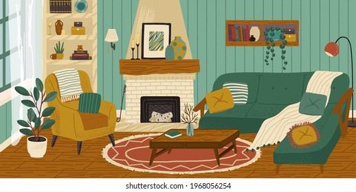 Living room with fireplace, interior hand drawn vector illustration. Home modern interior design. Cozy room furniture and accessories. Comfy sofa, table, chair