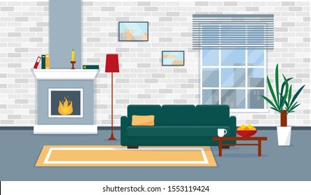 Living room  with fireplace in modern  style. Apartments with window and furniture . Flat vector interior design illustration.