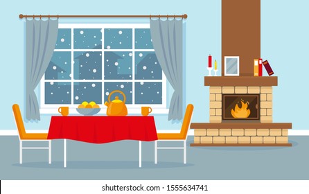 Living room with fireplace, window and furniture. Cozy interior in winter. Vector design illustration.