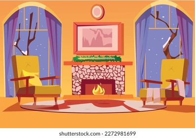 Living room flat color vector illustration. Fireplace for warmth in a cozy home. Winter outside the window. 2D cartoon interior with furniture in the background	