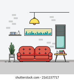 Living room flat design, Concept of living room interior with furniture. Cozy interior with sofa,TV, window, chair, pillows, armchair. Home cartoon illustration of apartment or house with furniture.
