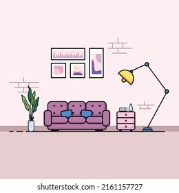 Living room flat design, Concept of living room interior with furniture. Cozy interior with sofa,TV, window, chair, pillows, armchair. Home cartoon illustration of apartment or house with furniture.