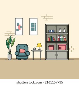 Living room flat design, Concept of living room interior with furniture. Cozy interior with sofa,TV, window, chair, pillows, armchair. Home cartoon illustration of apartment or house with furniture.