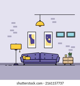 Living room flat design, Concept of living room interior with furniture. Cozy interior with sofa,TV, window, chair, pillows, armchair. Home cartoon illustration of apartment or house with furniture.