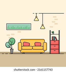 El diseño de la sala de estar, el concepto de la sala de estar con mobiliario. Interior acogedor con sofá, TV, ventana, silla, almohadas, sillón. Ilustración de dibujos animados caseros de un apartamento o casa con muebles.