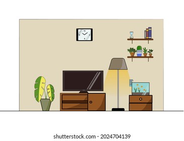 Living room in flat design style, illustration of living room with TV, shelf, lamp, fish tank and wall clock. Home decorations and ornamental plants. Vector, Illustration.