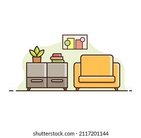 Living room in flat design with the view of the sofa and table is on the side in flat illustration