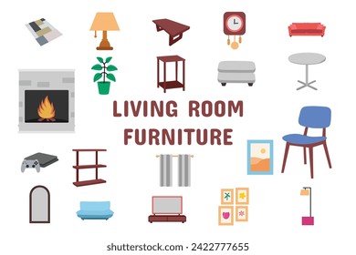 Living Room Flat Furniture Vector Illustration Icon Sticker Set Design Materials