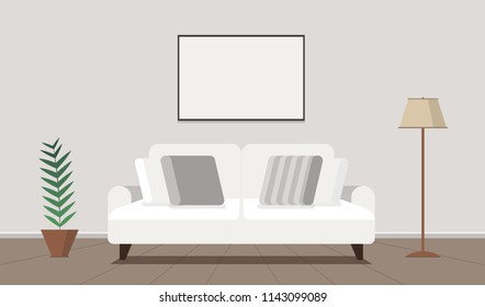 Living room flat Interior. Design with couch and picture. Vector background. 