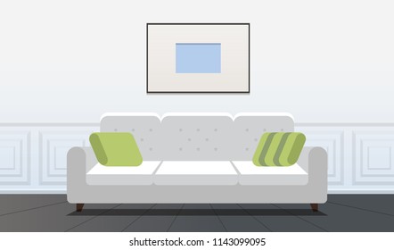 Living room flat Interior. Design with couch and picture. Vector background. 
