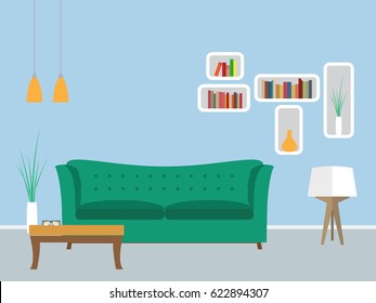 Living room flat interior design with furniture - Vector illustration
