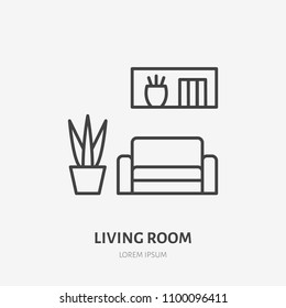 Living room flat line icon. Apartment furniture sign, vector illustration of sofa, plant in pot, decorations. Thin linear logo for interior store.