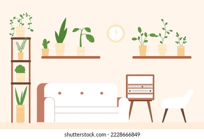 Living room flat retro interior. Sofa, chair and vintage radio. Home garden with different plants in pots. Modern stylish apartment, vector design background