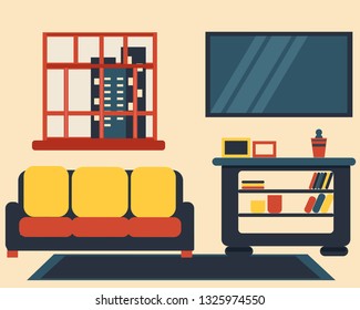 Living room in flat style. The background is a sofa, TV, bedside table, clock, rug and paintings.