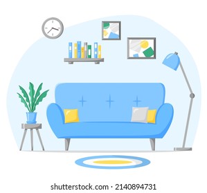 Living room in flat style, home interior with sofa, lamp, house plant in pot, book on shelf. Vector