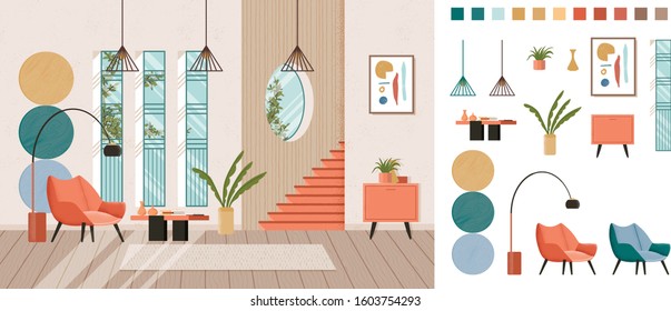 Living room full home interior design, creation kit, lounge set with furniture in trendy mid-century style, different constructor elements to build own image scene. Flat colorful vector illustration. 