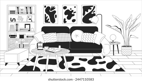 Ilustración de línea en blanco y negro. Sofá suave y mesa de centro en el interior 2D del diseño del hogar de fondo monocromo. Arreglo de muebles en la Imagen del Vector del esquema del departamento