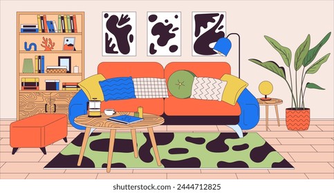 Ilustración plana de dibujos animados de muebles de sala. Sofá suave y mesa de centro en diseño casero 2D línea interior de fondo colorido. Arreglo de muebles en la escena del Vector Imagen narrativa