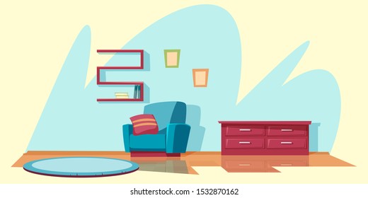 Living room furnishing flat vector illustration. Empty apartment, hotel number interior decor. Cozy accommodation with no people inside. Comfortable armchair, bookshelf, nightstand and rug on floor