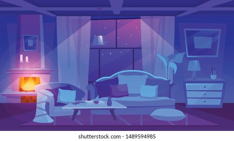 Living room furnishing night view flat vector illustration. Classic style dwelling place interior. Cartoon fireplace decorated with stylish candles. Elegant sofa and armchair with cushions on floor
