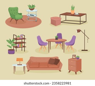 Living room furnishing vector illustrations set. Comfortable armchair, dinner table with chairs, bookshelves, sofa and drawers with lamps for home decor. Interior design, decoration concept