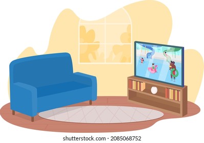 Living Room Furniture 2D Vector Isolated Illustration. Flat Screen TV And Blue Sofa Flat Objects On Cartoon Background. Daytime Condition. Watching Television In Morning Colourful Scene