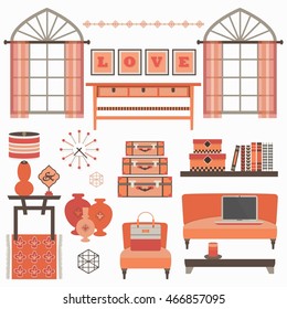 Living room furniture and accessories in coral with windows - Chair, couch, coffee table, book shelf, laptop, lamp, suit cases set, clock, pattern rug, and LOVE frames set in flat design