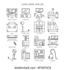 Living room furniture and appliances icon set. Collection of high quality outline vector pictograms. 16 color line elements for web design or mobile app, logo, company's visit card, etc. 